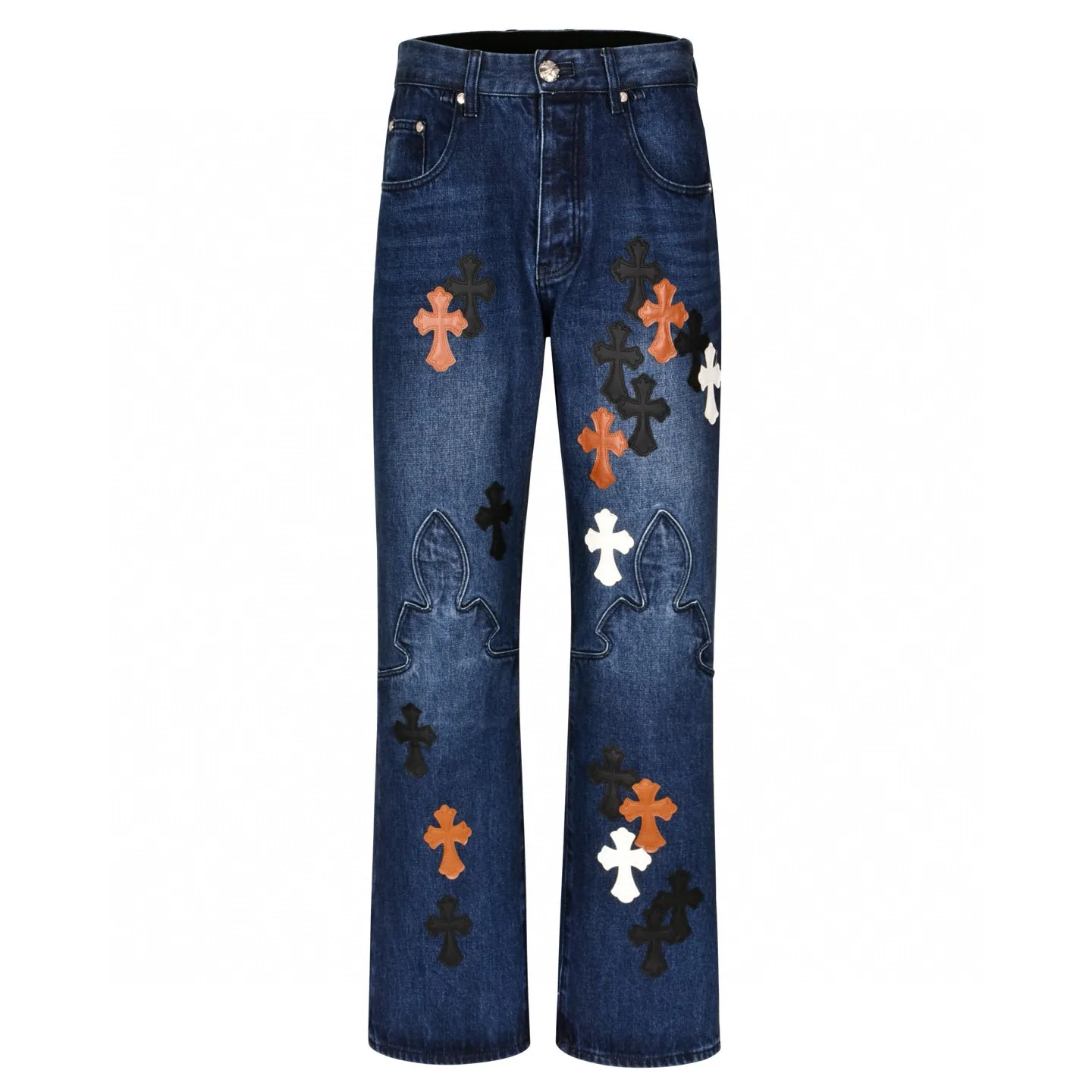 🅿️840 [Exclusive supply] CH Crow Heart limited flame patch leather jeans sCH This pair of jeans is a store VIP limited edition (can only be purchased by store VIPs) and is not an official website model, so it is even rarer. When we got it back, we found that these pants were different from the usual 501 version. These pants were made from CH's own soleplate, not the 501 soleplate. So I can only customize the fabrics myself and rely on various relationships to get the raw material fabrics. The washing process also took dozens of attempts to finally achieve the effect we wanted. This pair of pants uses a total of 35 pieces of leather, all of which are second-layer cowhide. Therefore, whether the material is leather label or wash label, fabric or hardware, the mold needs to be re-opened and the cross must be sewn manually (for restoration, it can only be done manually) Size: 32-34-36-38